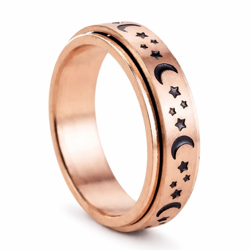 Rose Gold Moon & Star Spinner Ring | Stainless Steel Fidget Band